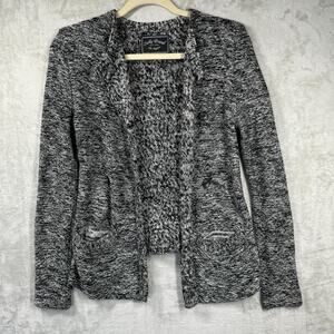 Lucky Brand Women Sweater Sz S Cardigan Knit Stretch Button Pockets Black/White